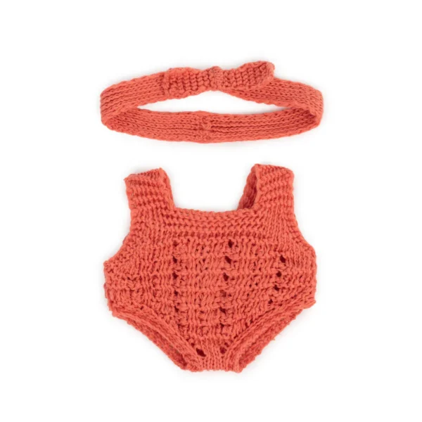 Pleteni set za lutke 21 cm – kombinezon i traka za kosu